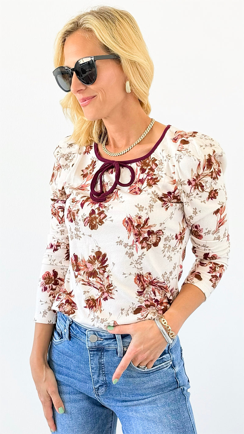 Floral Puff Sleeve Tie Neck Top-130 Long Sleeve Tops-DOE AND RAE-Coastal Bloom Boutique, find the trendiest versions of the popular styles and looks Located in Indialantic, FL