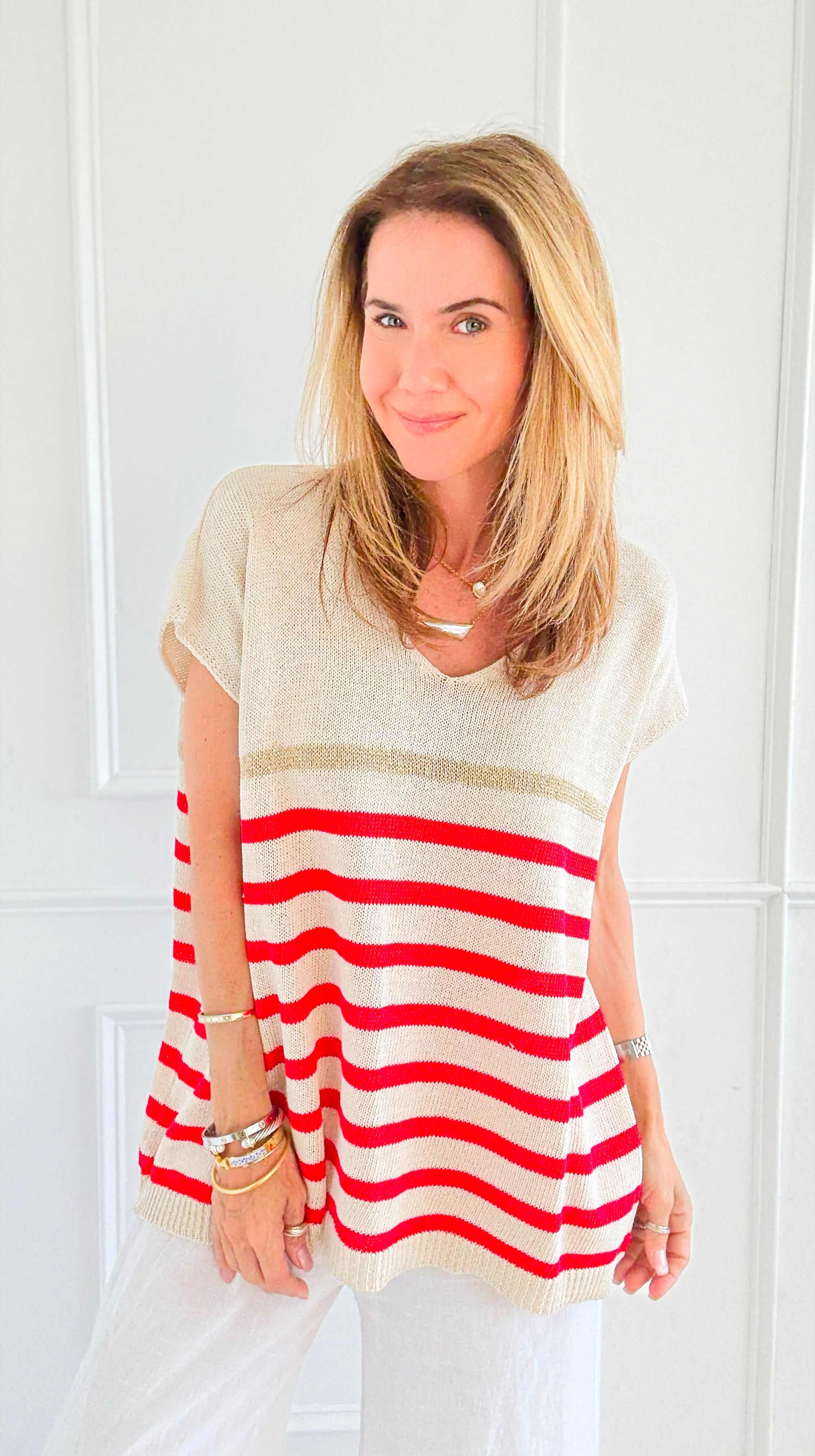 Sailor Stripe Italian Vest- Red-100 Sleeveless Tops-LY PARIS-Coastal Bloom Boutique, find the trendiest versions of the popular styles and looks Located in Indialantic, FL