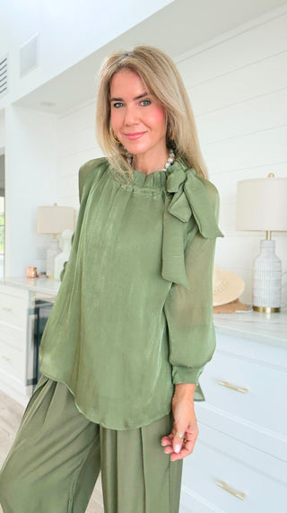 Tie Neck Blouse Top - Olive
