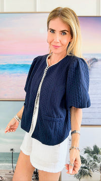 Pearl Detailed Textured Knit Cardigan Navy-150 Cardigans/Layers-VOY-Coastal Bloom Boutique, find the trendiest versions of the popular styles and looks Located in Indialantic, FL