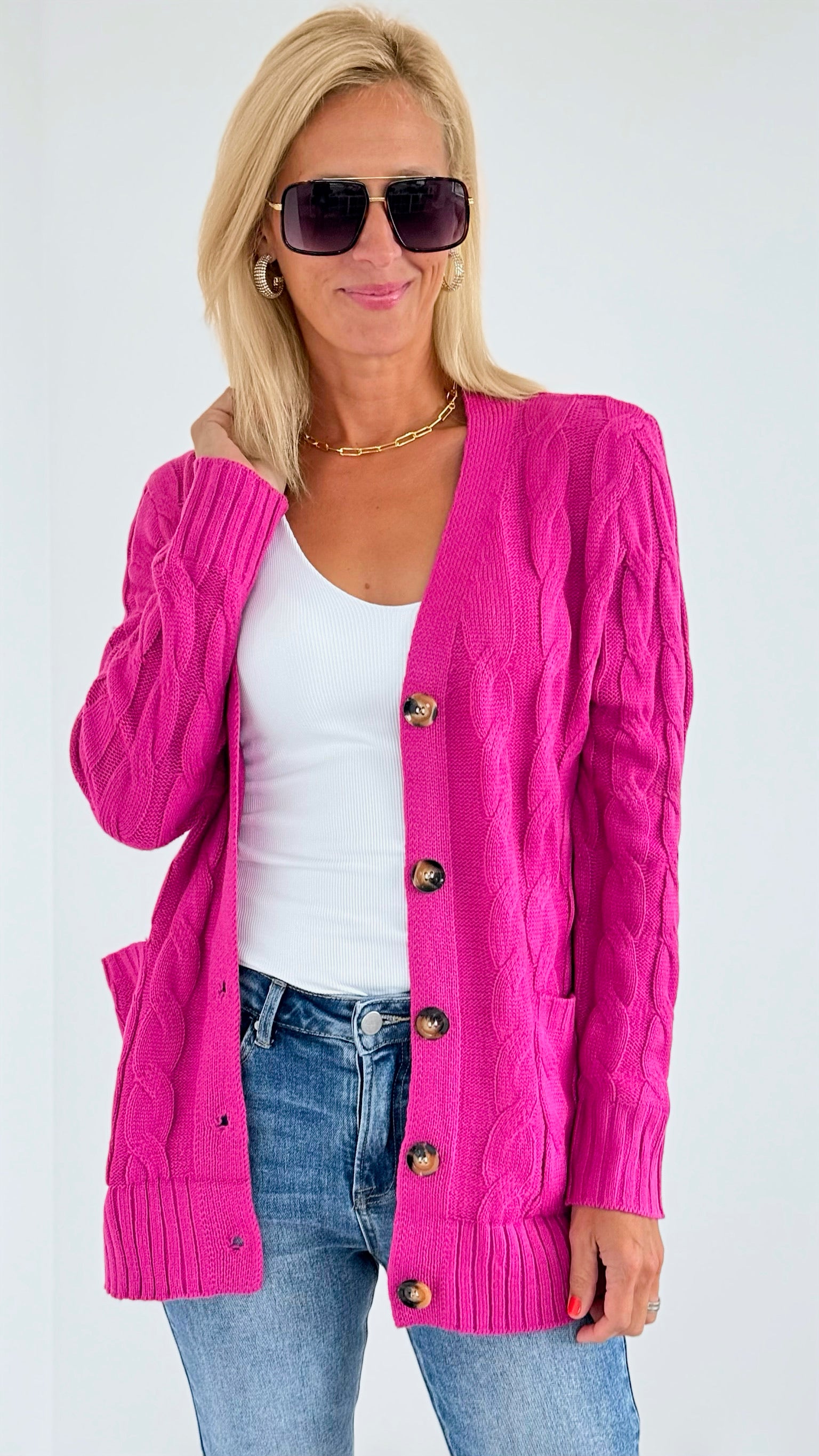 Open Front Cable Knit Cardigan - Magenta-150 Cardigans/Layers-On Blue-Coastal Bloom Boutique, find the trendiest versions of the popular styles and looks Located in Indialantic, FL