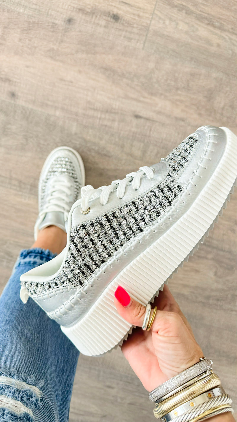 Chunky Tweed Platform Sneakers - Silver-250 Shoes-Shoe La La-Coastal Bloom Boutique, find the trendiest versions of the popular styles and looks Located in Indialantic, FL