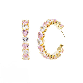 Heart CZ Stone Eternity Hoop Earrings - Clear/Rose