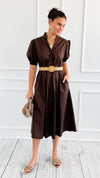 Elegant Belted Italian Midi Dress- Brown-200 Dresses/Jumpsuits/Rompers-AZUL MONACO-Coastal Bloom Boutique, find the trendiest versions of the popular styles and looks Located in Indialantic, FL
