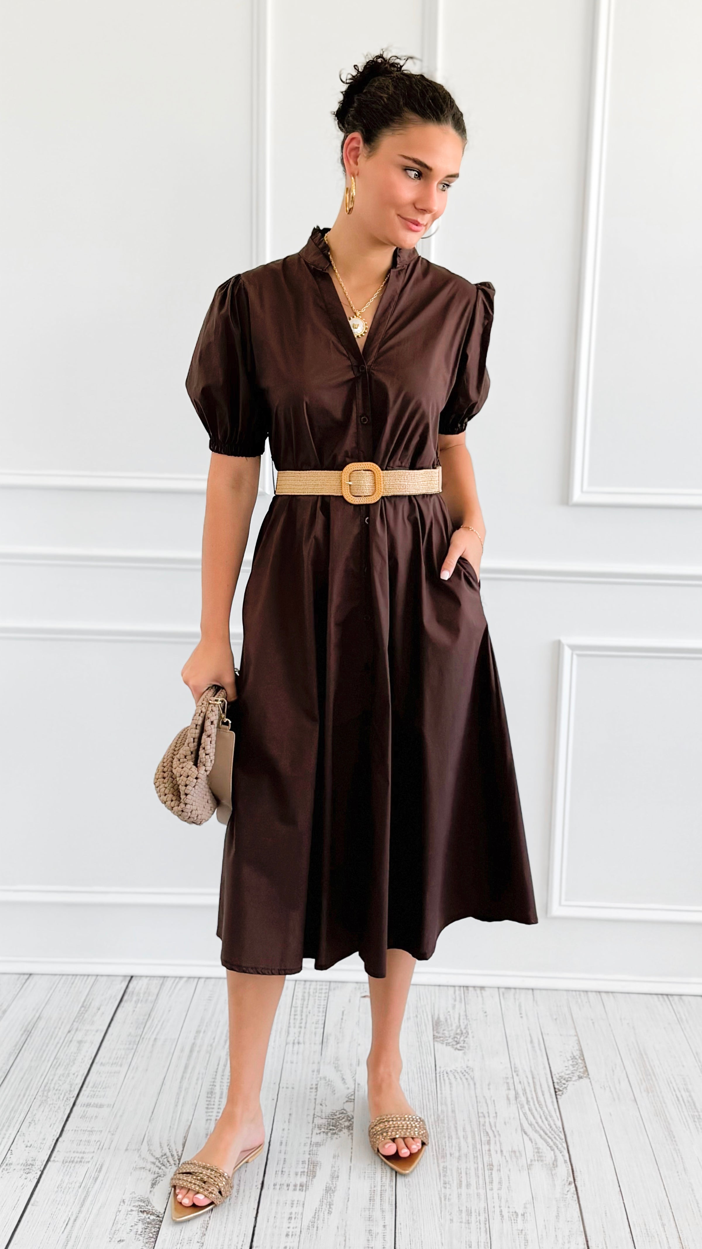 Elegant Belted Italian Midi Dress- Brown-200 Dresses/Jumpsuits/Rompers-AZUL MONACO-Coastal Bloom Boutique, find the trendiest versions of the popular styles and looks Located in Indialantic, FL