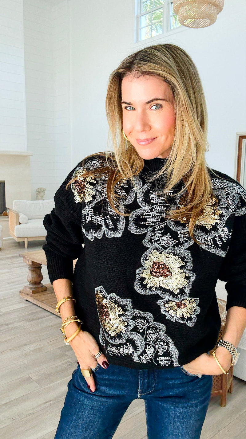 Sequin Blossom Italian Knit Sweater- Black-140 Sweaters-AZUL MONACO-Coastal Bloom Boutique, find the trendiest versions of the popular styles and looks Located in Indialantic, FL