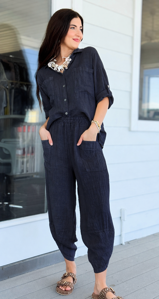 La Spezia Barrel Linen Italian Pant- Navy