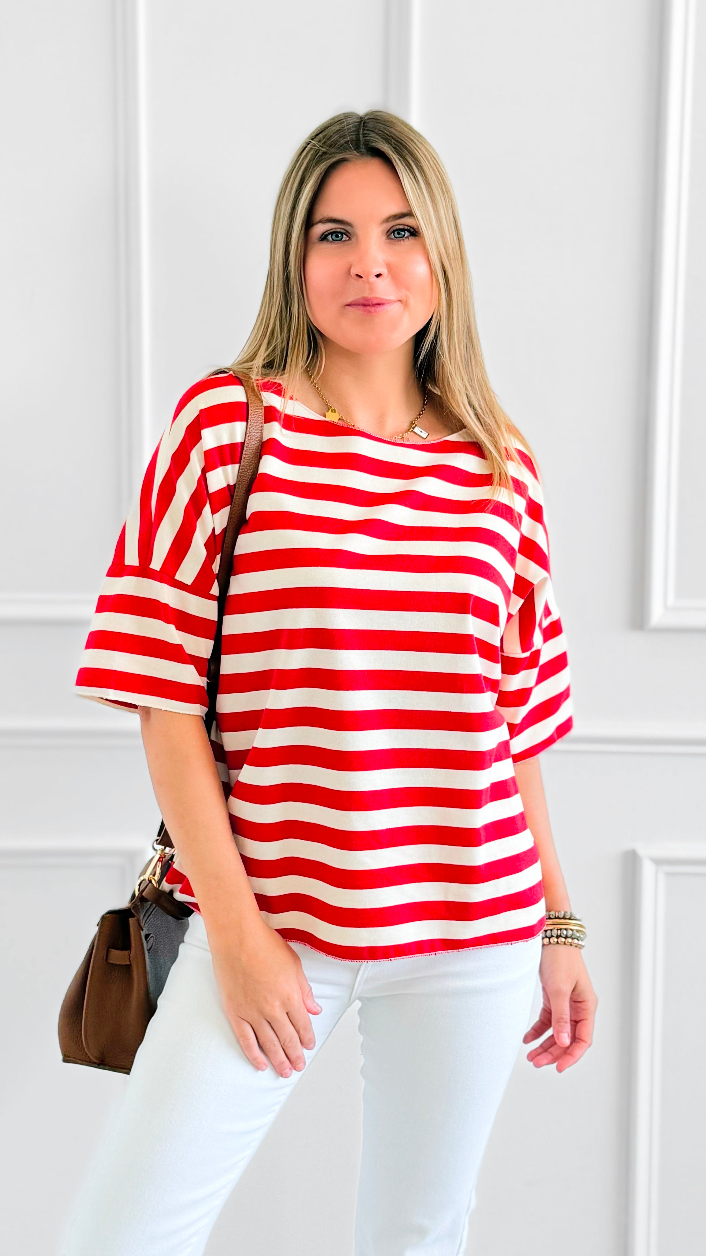 Classic Stripe Italian Short Sleeve Top- Red-110 short Sleeve Top-Italianissimo-Coastal Bloom Boutique, find the trendiest versions of the popular styles and looks Located in Indialantic, FL