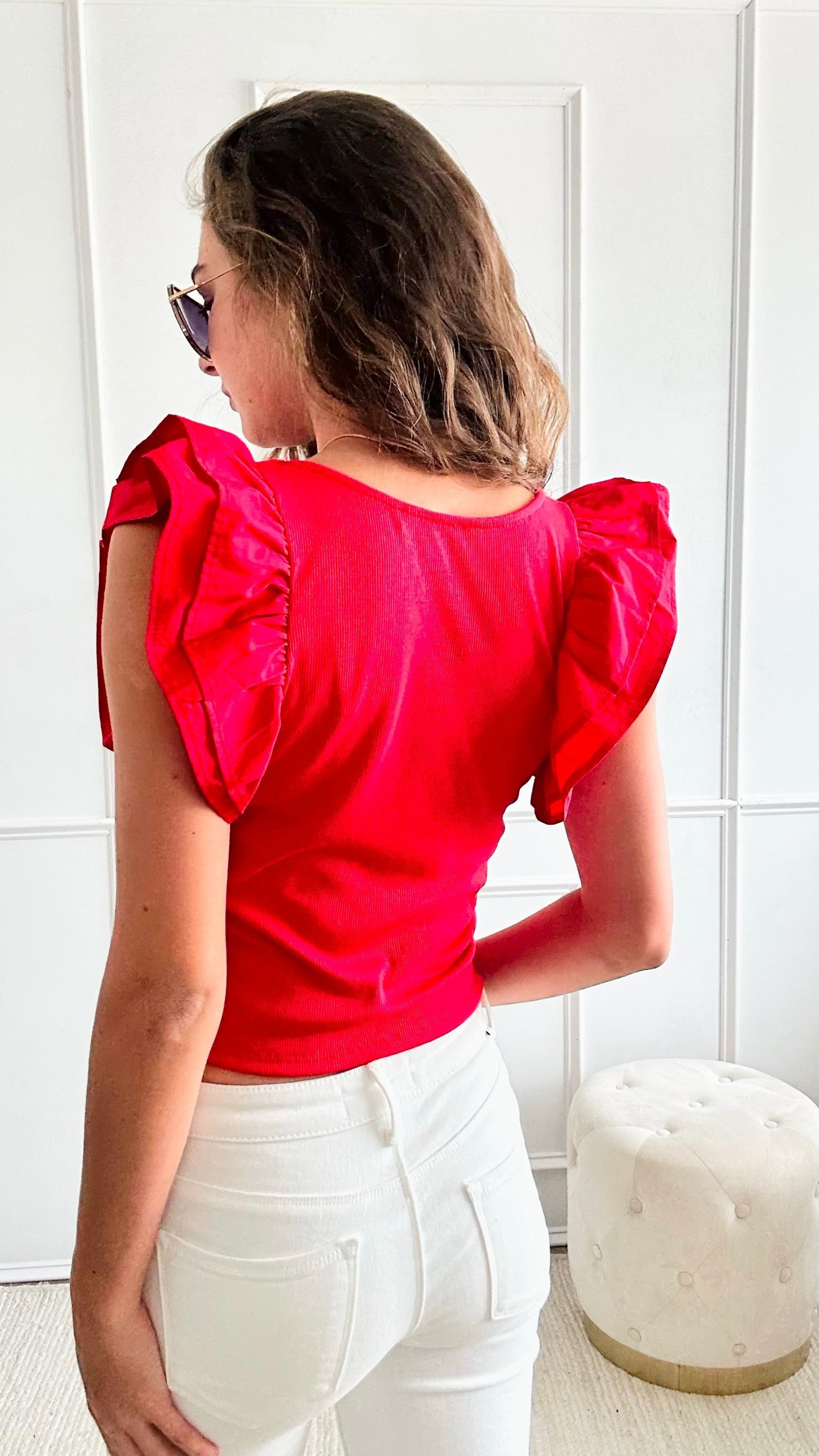 Ruffle Sleeve Knit Top - Red-100 Sleeveless Tops-HYFVE-Coastal Bloom Boutique, find the trendiest versions of the popular styles and looks Located in Indialantic, FL