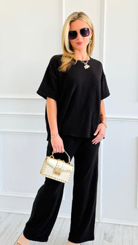 Relax Mode Two-Piece Slub Knit Set - Black-210 Loungewear/Sets-Zenana-Coastal Bloom Boutique, find the trendiest versions of the popular styles and looks Located in Indialantic, FL
