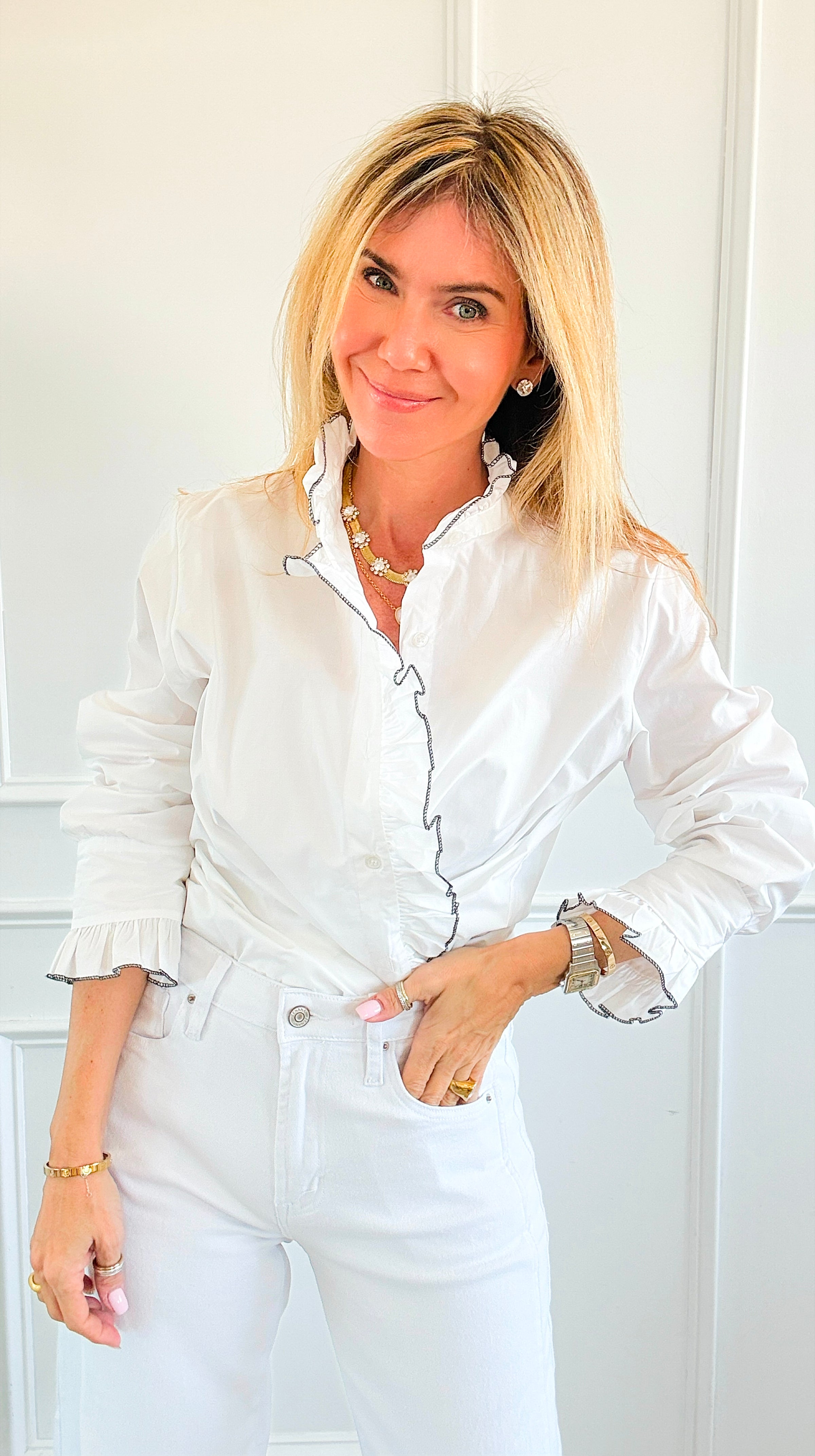 Ruffle Contour Elegance Italian Button Top- White