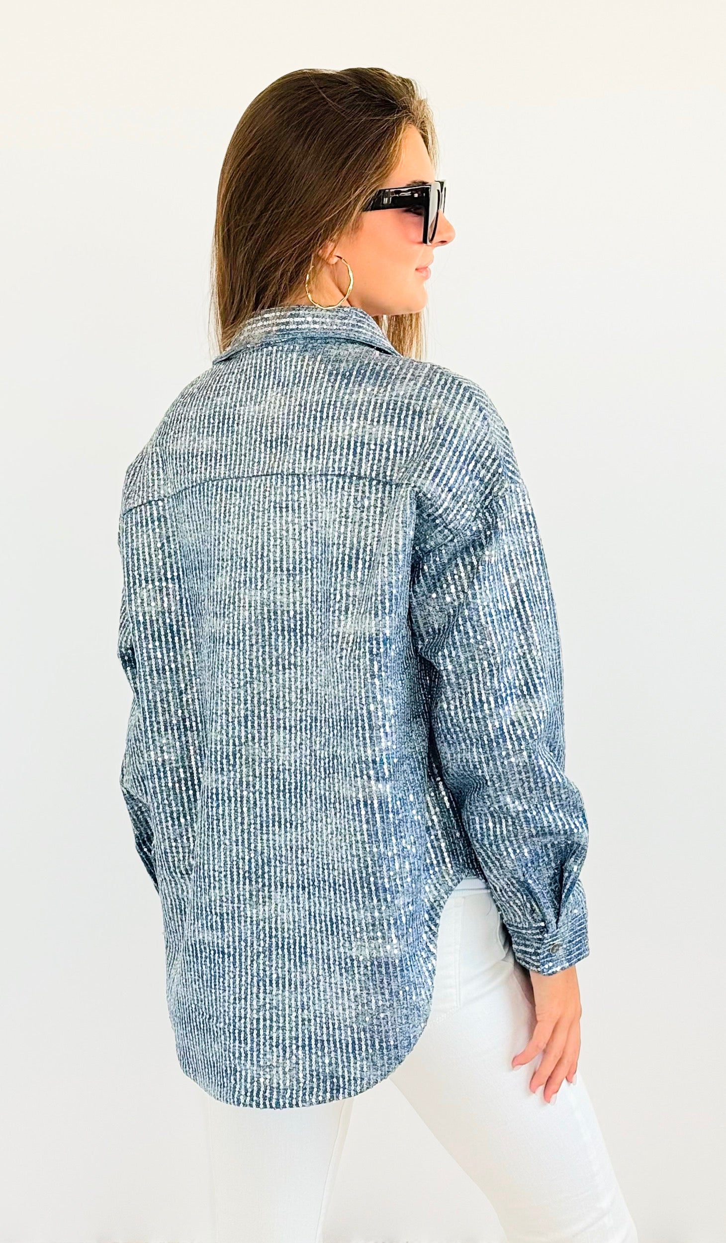 Sparkly Sequin Denim Shacket-130 Long Sleeve Tops-Hot & Delicious-Coastal Bloom Boutique, find the trendiest versions of the popular styles and looks Located in Indialantic, FL