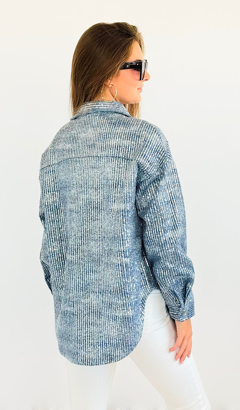 Sparkly Sequin Denim Shacket-130 Long Sleeve Tops-Hot & Delicious-Coastal Bloom Boutique, find the trendiest versions of the popular styles and looks Located in Indialantic, FL