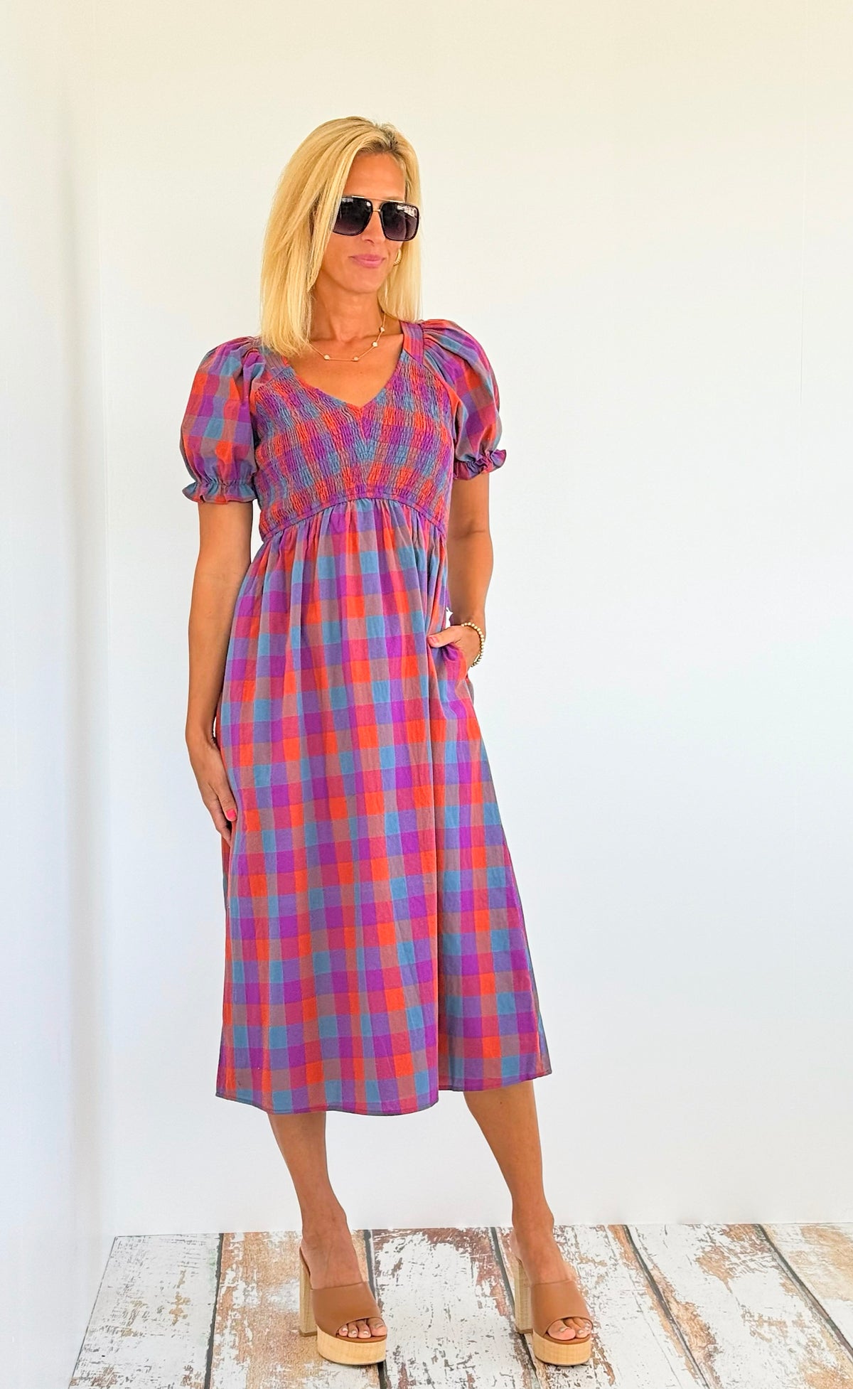 Plaid Puff Sleeves Midi Dress-200 Dresses/Jumpsuits/Rompers-Jodifl-Coastal Bloom Boutique, find the trendiest versions of the popular styles and looks Located in Indialantic, FL