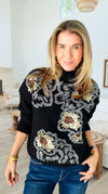 Sequin Blossom Italian Knit Sweater- Black-140 Sweaters-AZUL MONACO-Coastal Bloom Boutique, find the trendiest versions of the popular styles and looks Located in Indialantic, FL