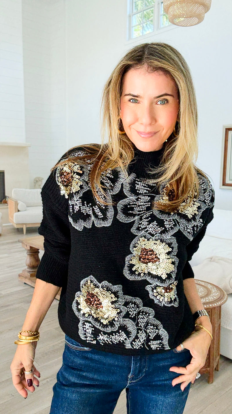 Sequin Blossom Italian Knit Sweater- Black-140 Sweaters-AZUL MONACO-Coastal Bloom Boutique, find the trendiest versions of the popular styles and looks Located in Indialantic, FL