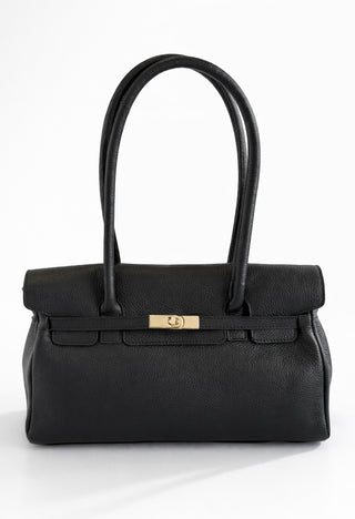 Italian Leather Long Handle Bellissima Lock Bag - Black
