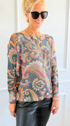 Garden Of Paisley Italian St Tropez Sweater- Dark Teal-140 Sweaters-SORPRESA-Coastal Bloom Boutique, find the trendiest versions of the popular styles and looks Located in Indialantic, FL