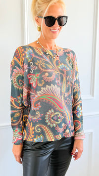Garden Of Paisley Italian St Tropez Sweater- Dark Teal-140 Sweaters-SORPRESA-Coastal Bloom Boutique, find the trendiest versions of the popular styles and looks Located in Indialantic, FL