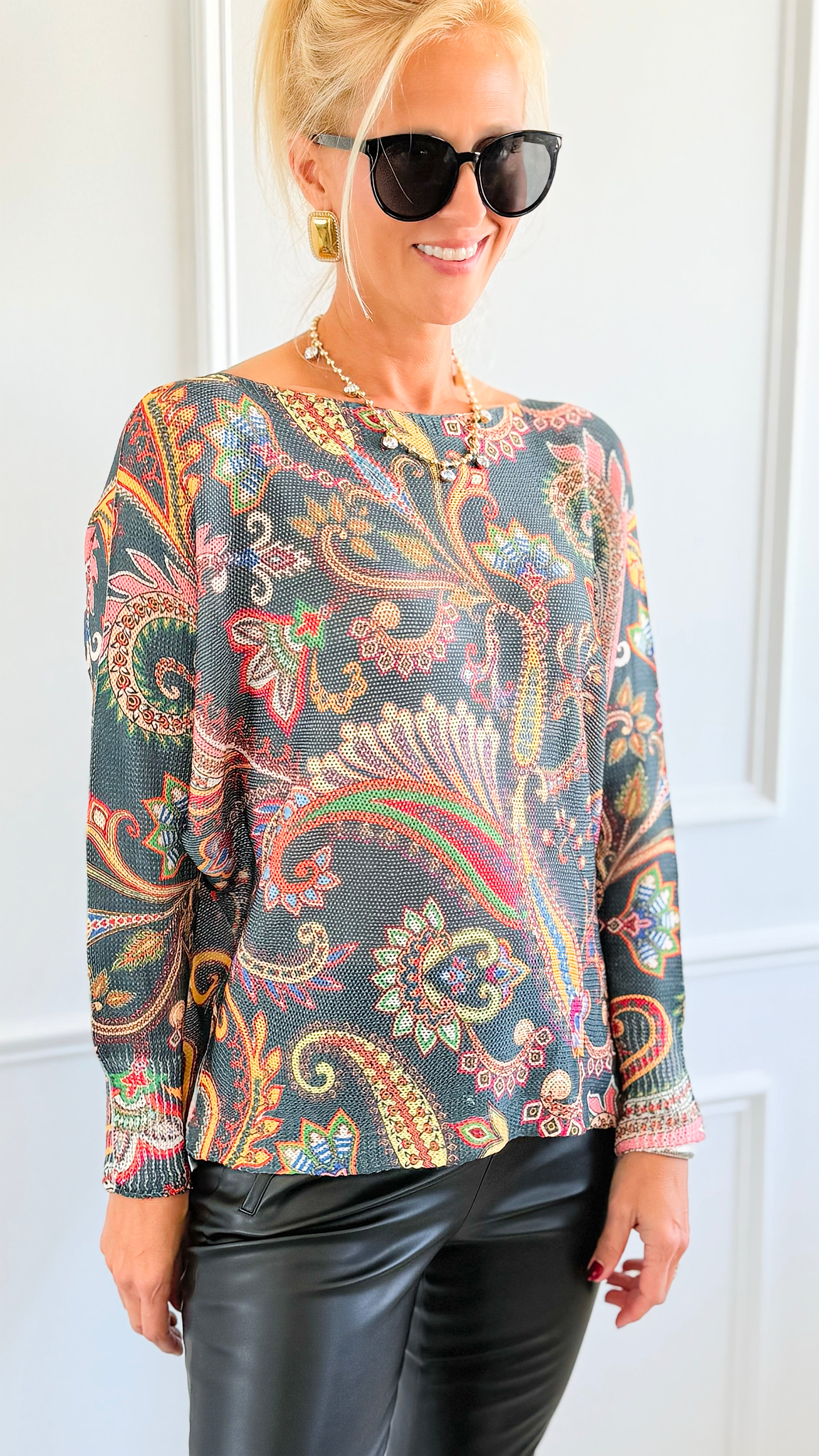 Garden Of Paisley Italian St Tropez Sweater- Dark Teal-140 Sweaters-SORPRESA-Coastal Bloom Boutique, find the trendiest versions of the popular styles and looks Located in Indialantic, FL