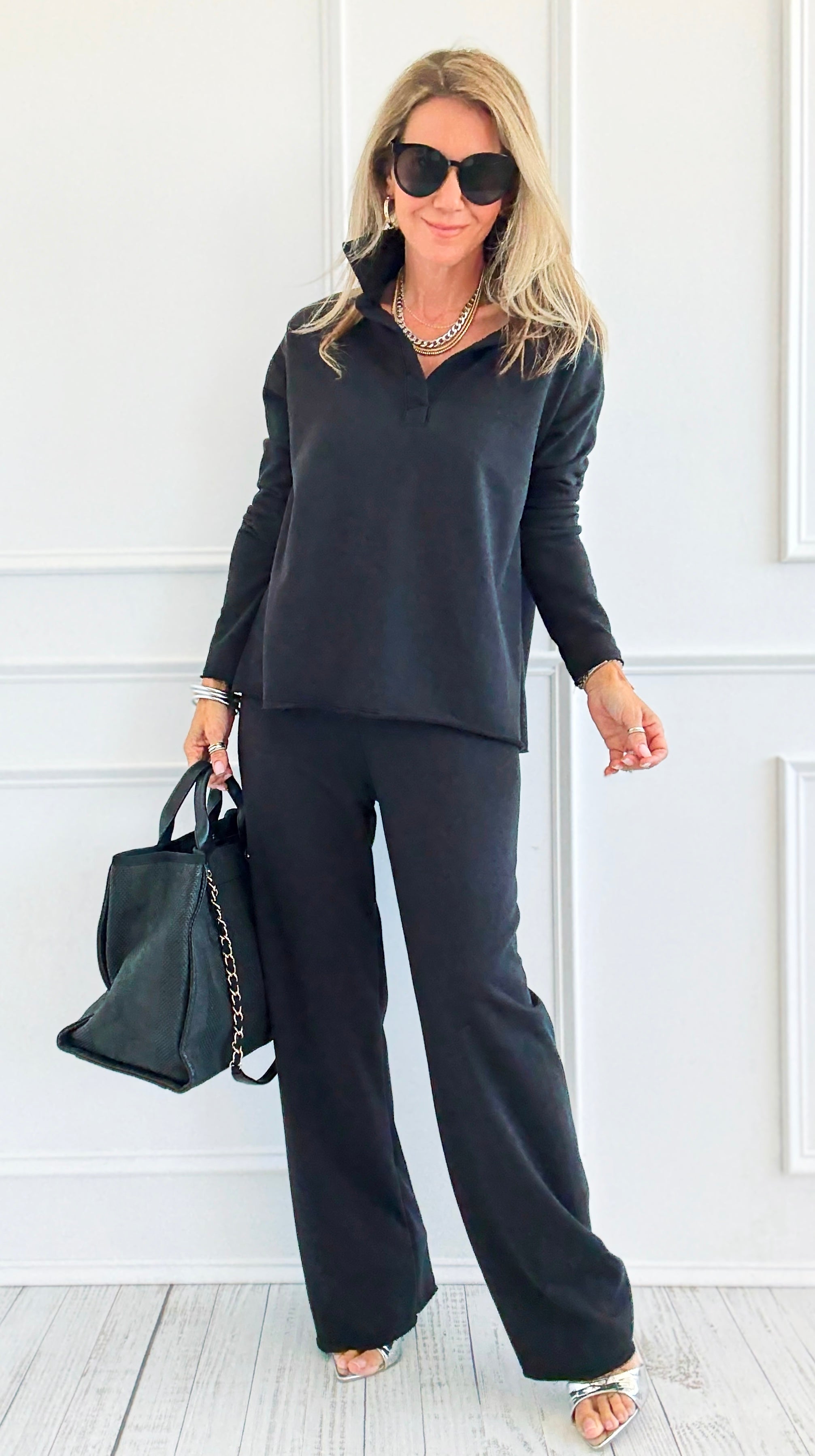 Chic & Cozy Eileen French Terry Pant Set-Black-210 Loungewear/sets-EC COLLECTION INC-Coastal Bloom Boutique, find the trendiest versions of the popular styles and looks Located in Indialantic, FL