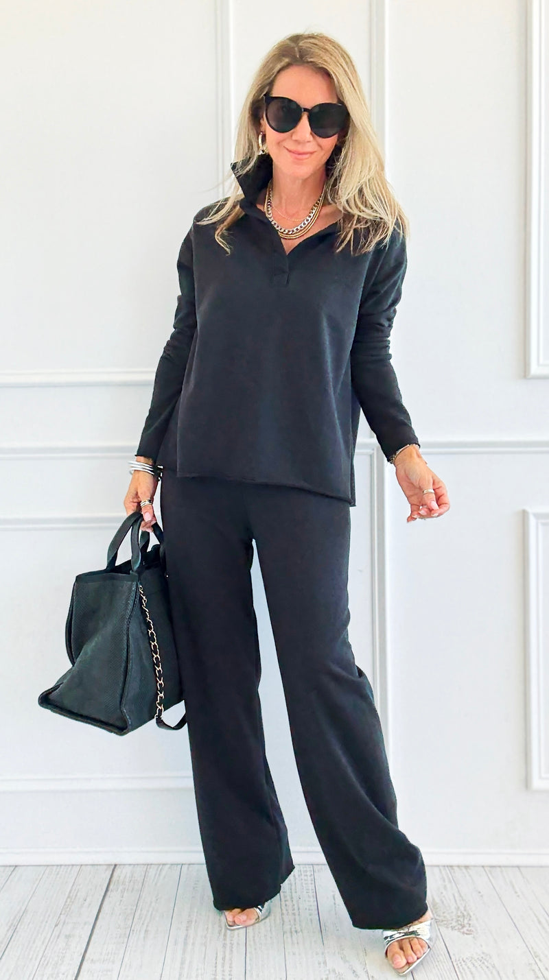 Chic & Cozy Eileen French Terry Pant Set-Black-210 Loungewear/sets-EC COLLECTION INC-Coastal Bloom Boutique, find the trendiest versions of the popular styles and looks Located in Indialantic, FL