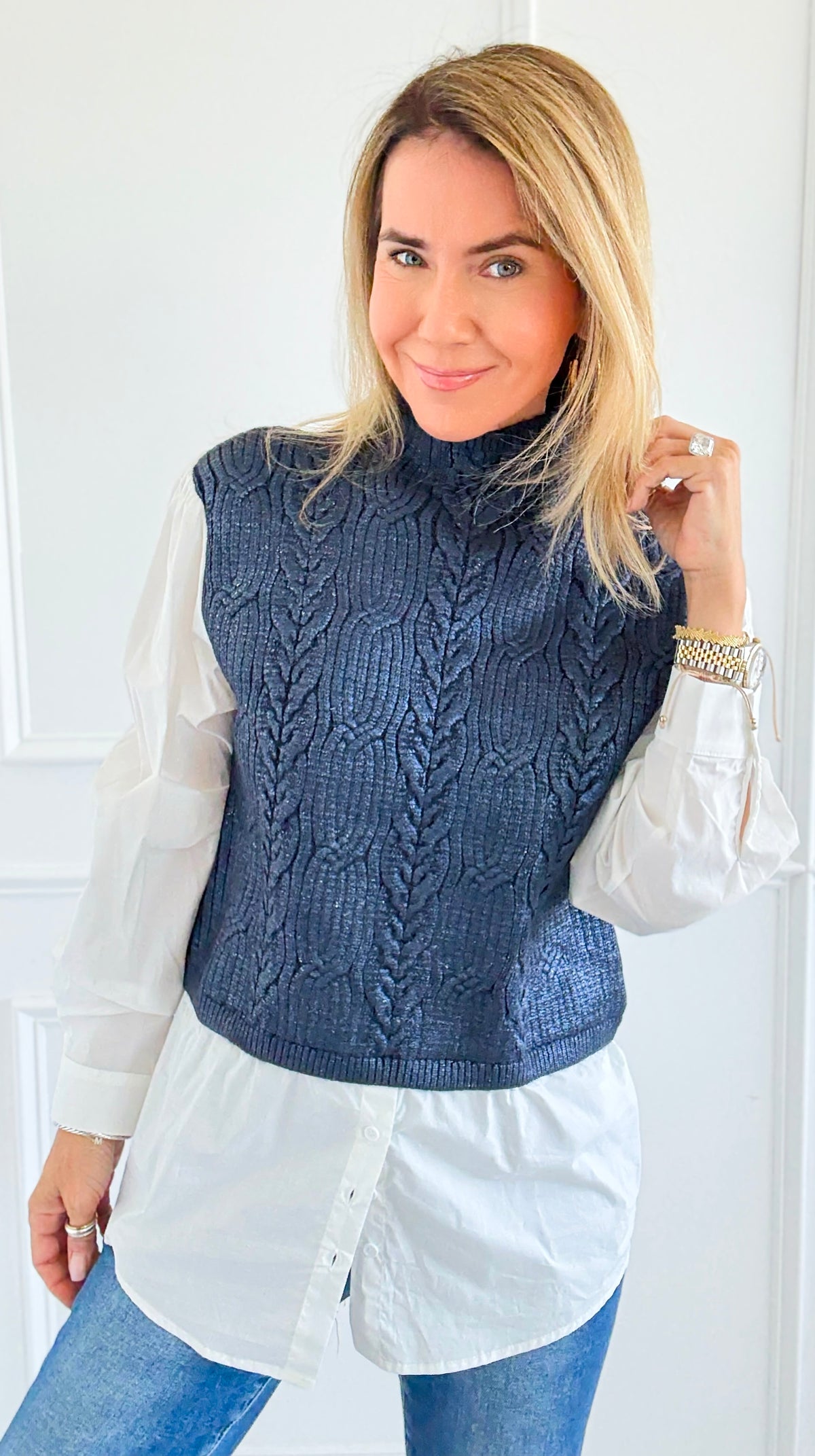 Moonlit Layer Cable Sweater-140 Sweaters-Fate Inc-Coastal Bloom Boutique, find the trendiest versions of the popular styles and looks Located in Indialantic, FL