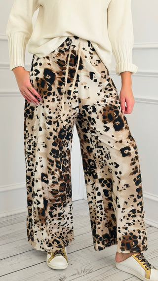 Spiced Leopard Wide Leg Italian Pant- Ecru
