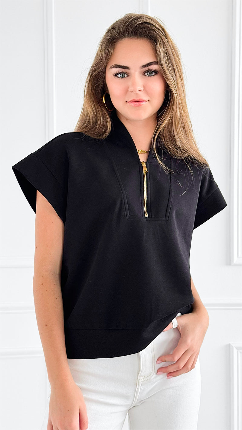 Zip-Up Scuba Short Sleeve Sweatshirt - Black-110 Short Sleeve Tops-BucketList-Coastal Bloom Boutique, find the trendiest versions of the popular styles and looks Located in Indialantic, FL