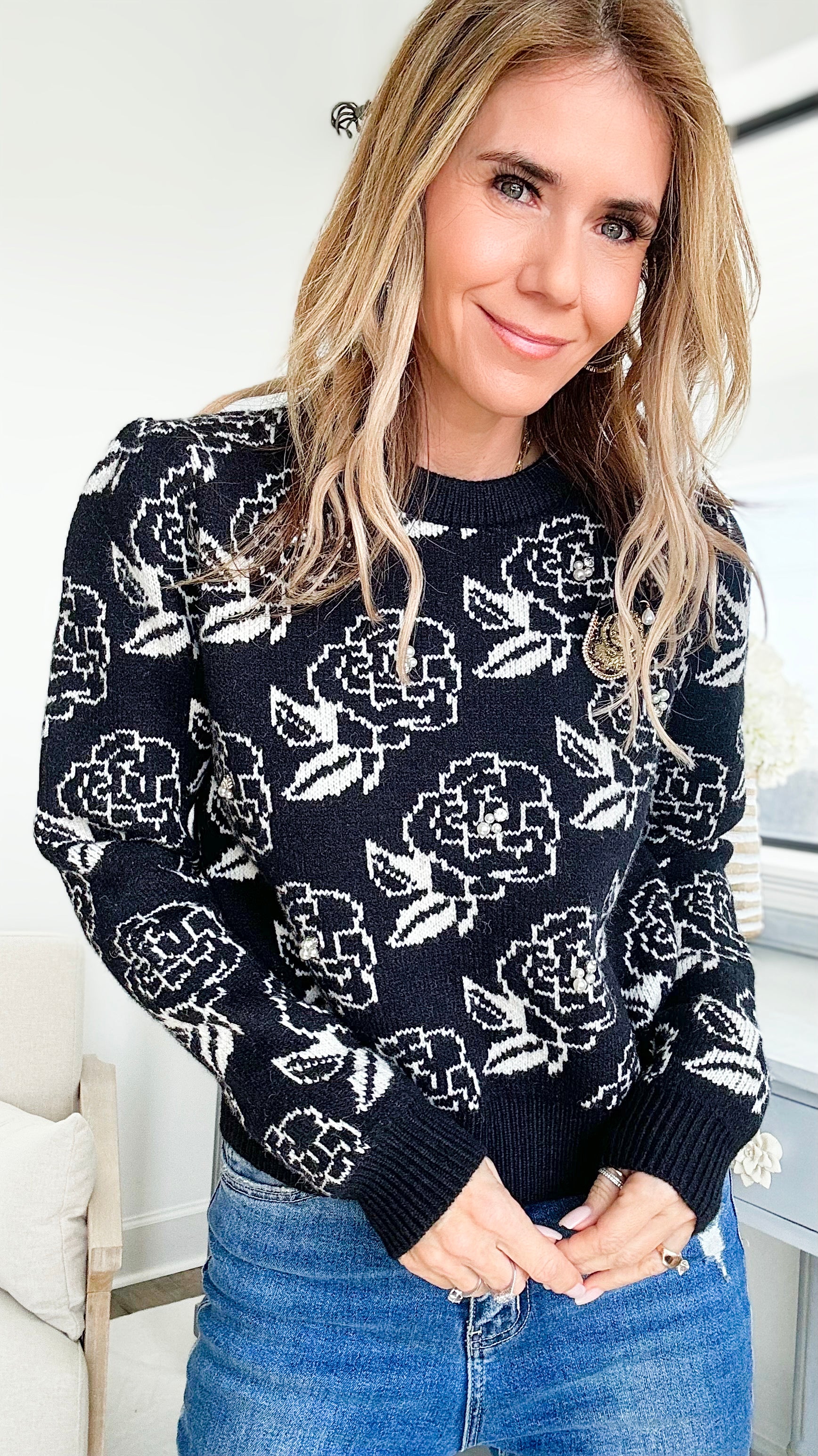Camellia Embellished Sweater-Black with Pin-140 Sweaters-Taelynn-Coastal Bloom Boutique, find the trendiest versions of the popular styles and looks Located in Indialantic, FL