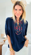 Bold Plaid Trim Blouse - Navy-110 Short Sleeve Tops-entro-Coastal Bloom Boutique, find the trendiest versions of the popular styles and looks Located in Indialantic, FL