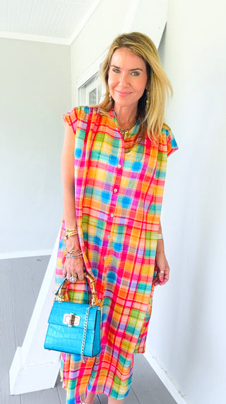 Rainbow Plaid Italian Button Dress