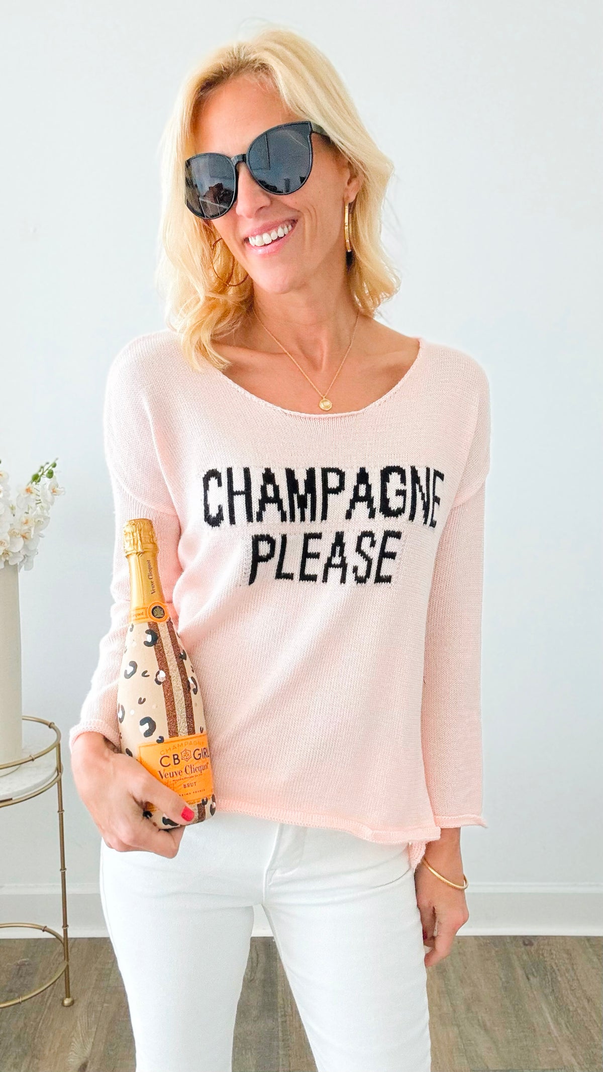 Champagne Please Knit Lightweight Sweater - Blush-140 Sweaters-Miracle-Coastal Bloom Boutique, find the trendiest versions of the popular styles and looks Located in Indialantic, FL