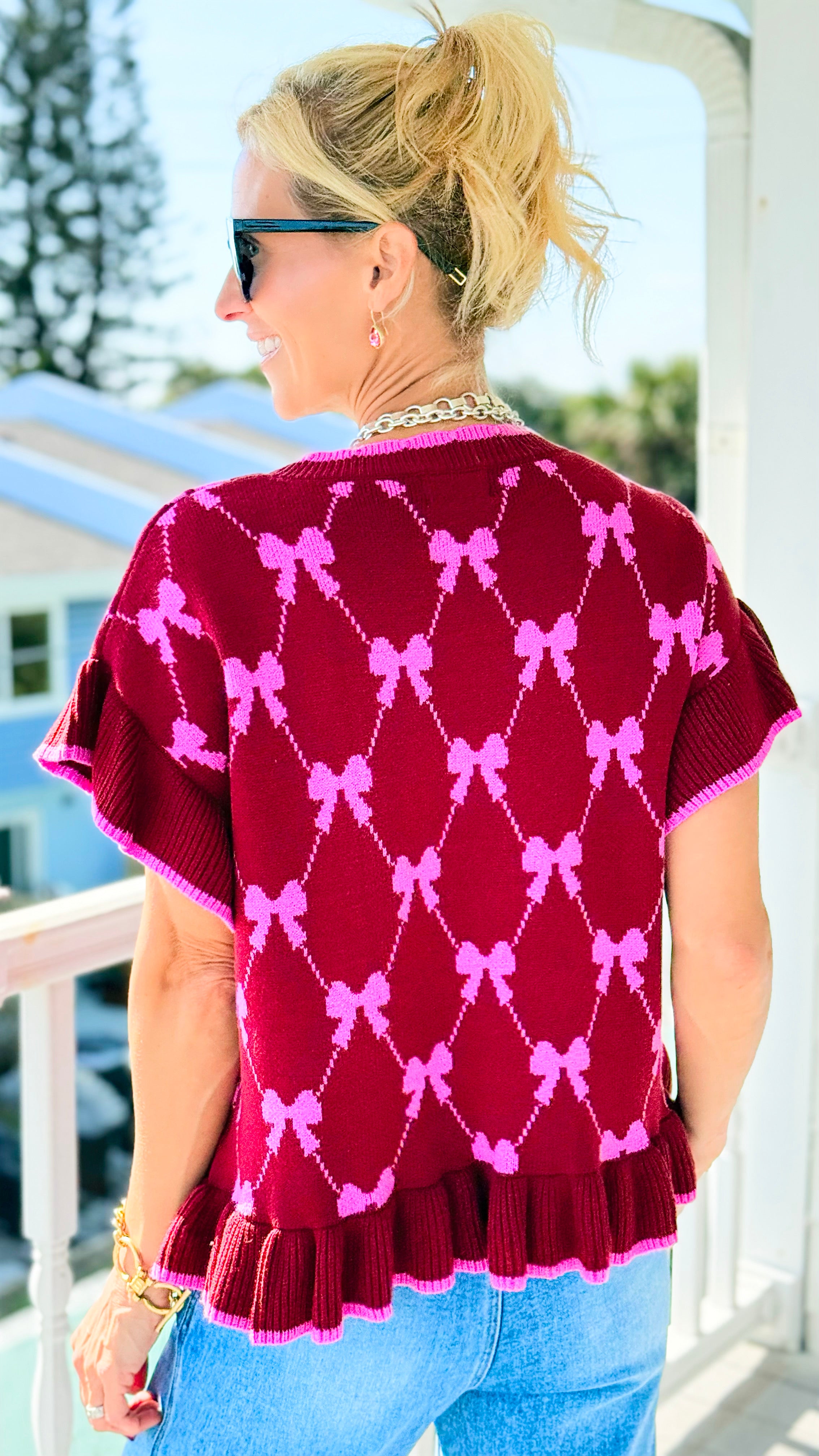 Bow Rendezvous Ruffle Knit Sweater-150 Cardigans/Layers-Umgee-Coastal Bloom Boutique, find the trendiest versions of the popular styles and looks Located in Indialantic, FL