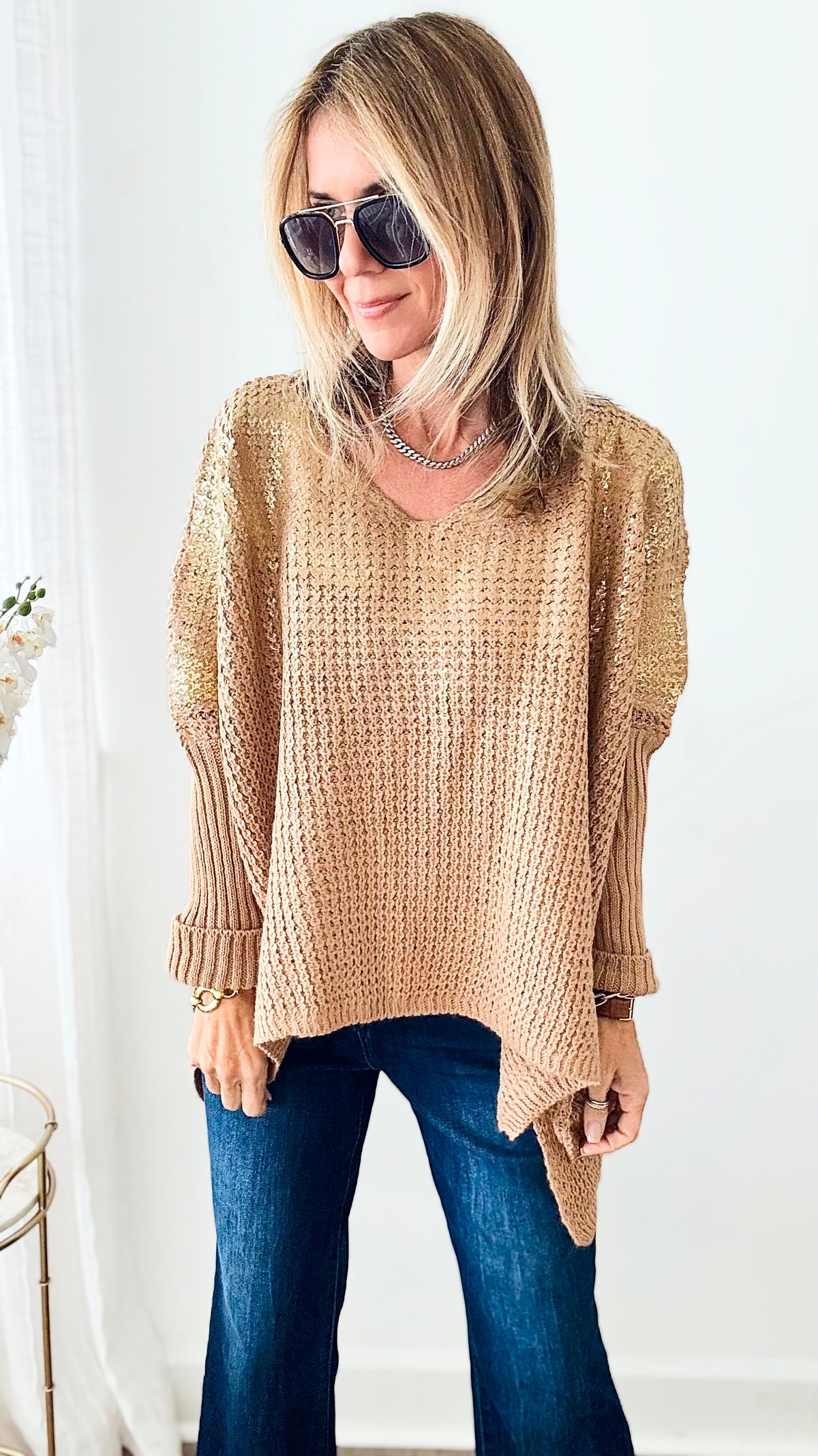V Neck Gold Foil Sweater - Light Camel-140 Sweaters-Look Mode-Coastal Bloom Boutique, find the trendiest versions of the popular styles and looks Located in Indialantic, FL