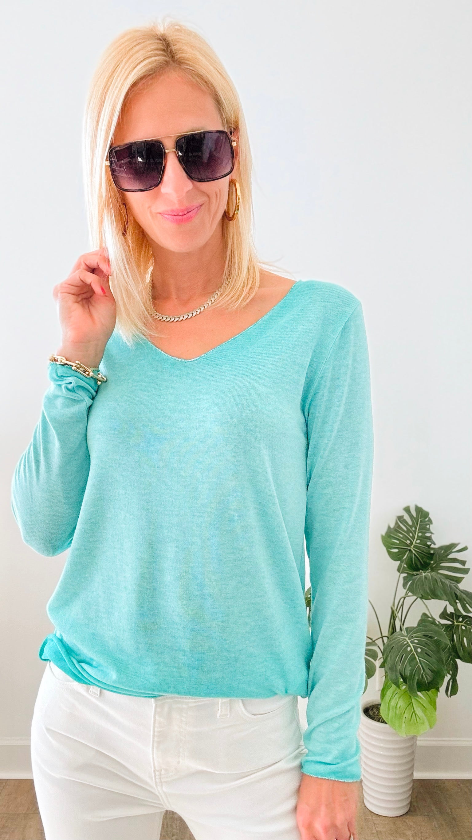 Recoleta Lurex Trim Italian Top - Aqua-130 Long Sleeve Tops-Italianissimo-Coastal Bloom Boutique, find the trendiest versions of the popular styles and looks Located in Indialantic, FL