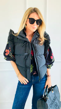Ruffle & Ready Bow Puffer Vest - Black-vest-Jodifl-Coastal Bloom Boutique, find the trendiest versions of the popular styles and looks Located in Indialantic, FL