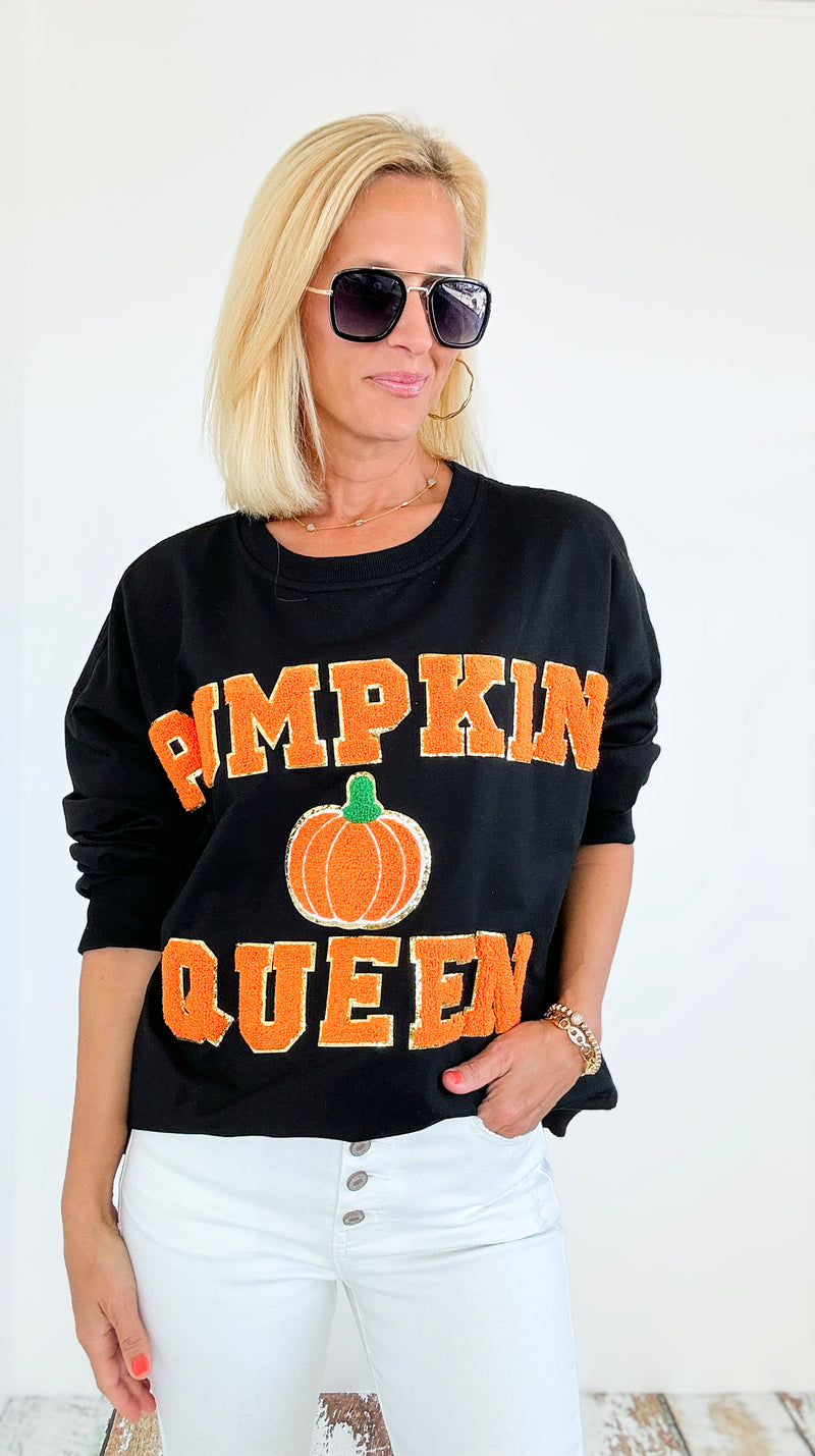 Varsity Pumpkin Queen Sweatshirt-130 Long Sleeve Tops-BIBI-Coastal Bloom Boutique, find the trendiest versions of the popular styles and looks Located in Indialantic, FL