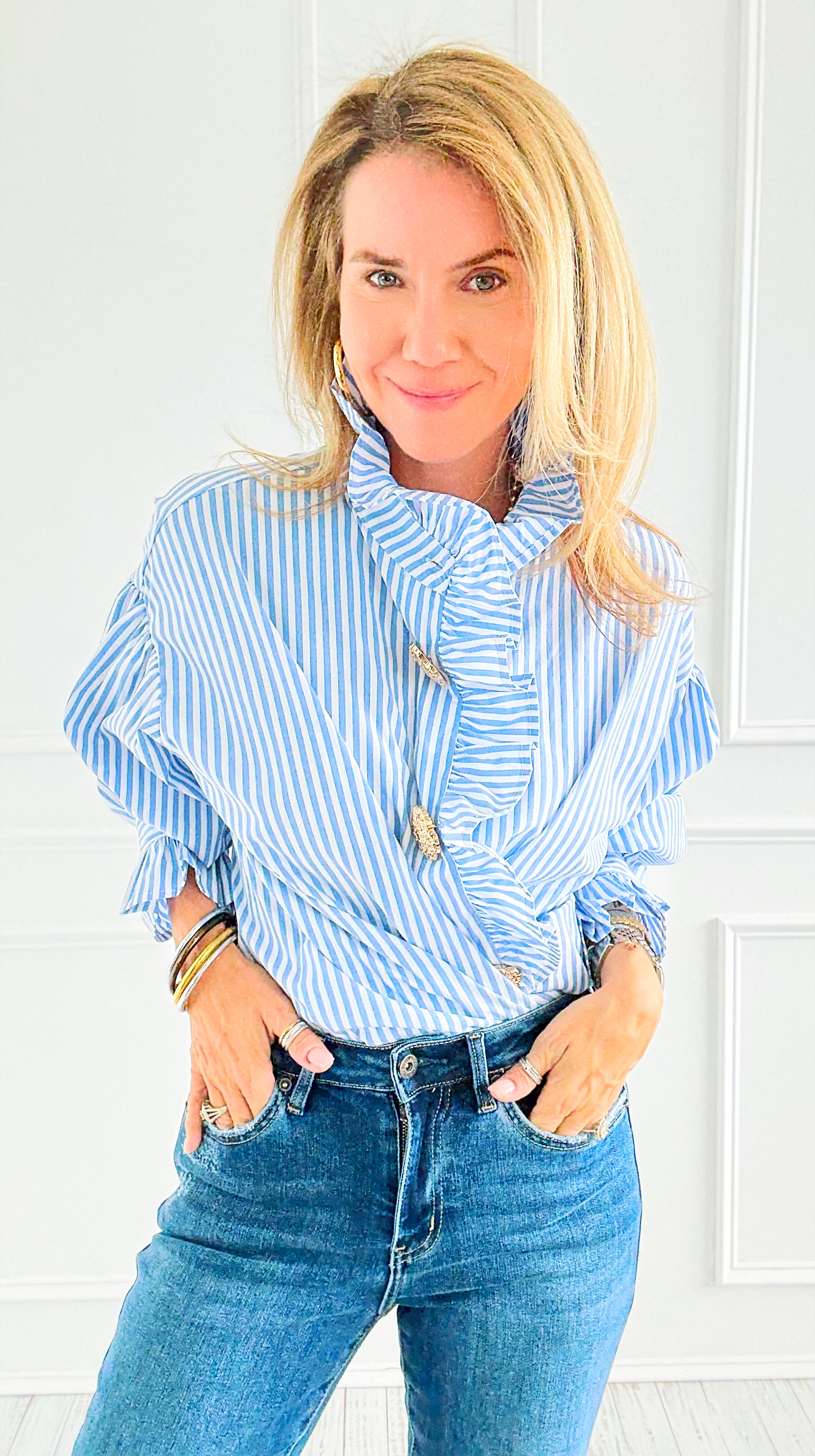 Blue Belle Italian Woven Blouse-110 Long Sleeve Tops-TATTOO Z-Coastal Bloom Boutique, find the trendiest versions of the popular styles and looks Located in Indialantic, FL
