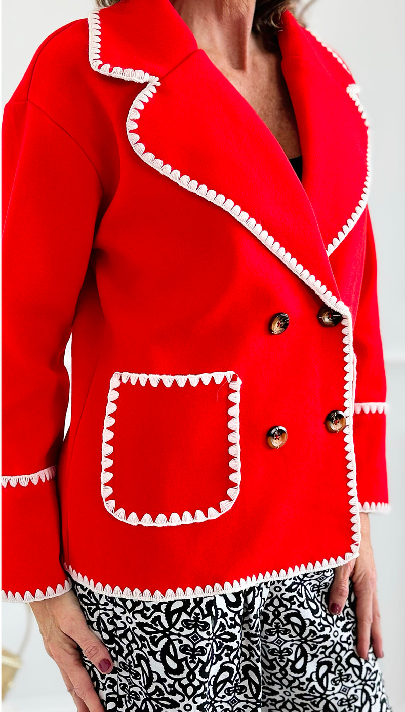 Blanket Stitch Elegance Jacket - Red-160 Jackets-IRIS-Coastal Bloom Boutique, find the trendiest versions of the popular styles and looks Located in Indialantic, FL