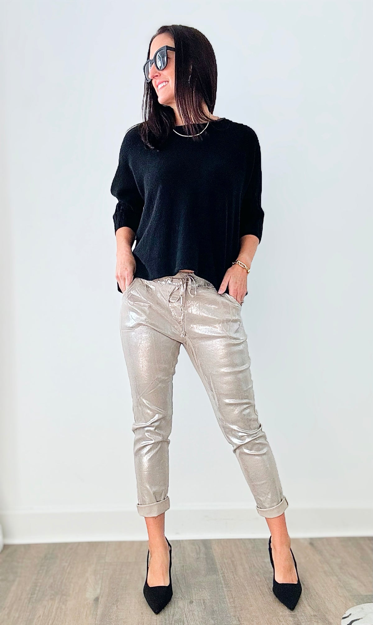 Glistening Italian Joggers - Taupe / Silver-180 Joggers-Germany-Coastal Bloom Boutique, find the trendiest versions of the popular styles and looks Located in Indialantic, FL
