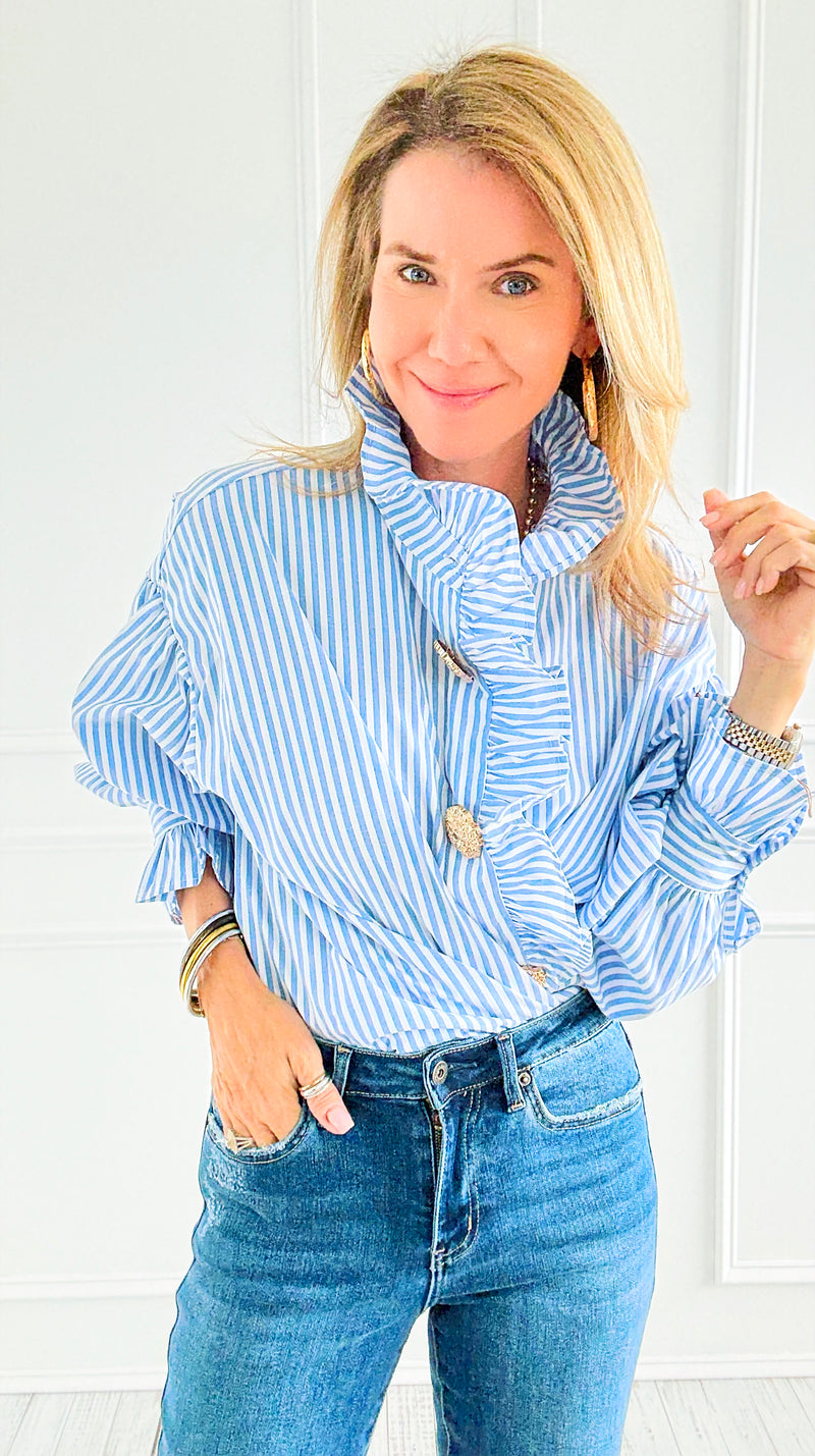 Blue Belle Italian Woven Blouse-110 Long Sleeve Tops-TATTOO Z-Coastal Bloom Boutique, find the trendiest versions of the popular styles and looks Located in Indialantic, FL