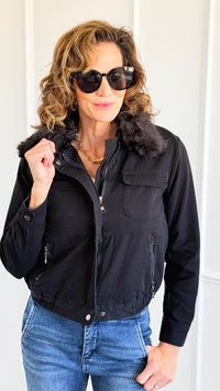 Cloud Dreams Faux Fur-Trim Jacket - Black Denim/Black-160 Jackets-IRIS-Coastal Bloom Boutique, find the trendiest versions of the popular styles and looks Located in Indialantic, FL
