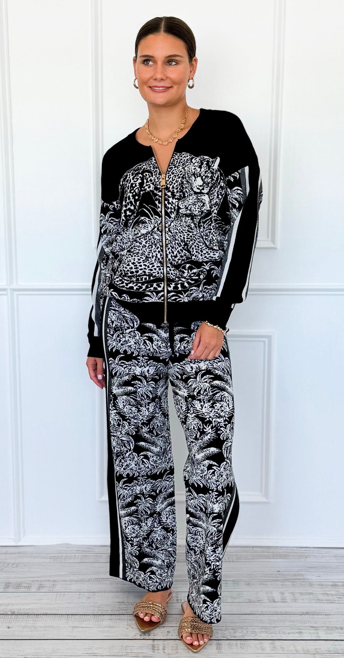 Elegant Jungle Italian Zip- Up Set- Black-210 Loungewear/Sets-K2-Coastal Bloom Boutique, find the trendiest versions of the popular styles and looks Located in Indialantic, FL