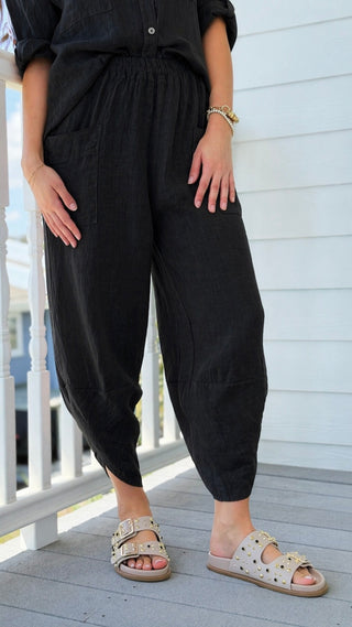 La Spezia Barrel Linen Italian Pant- Black