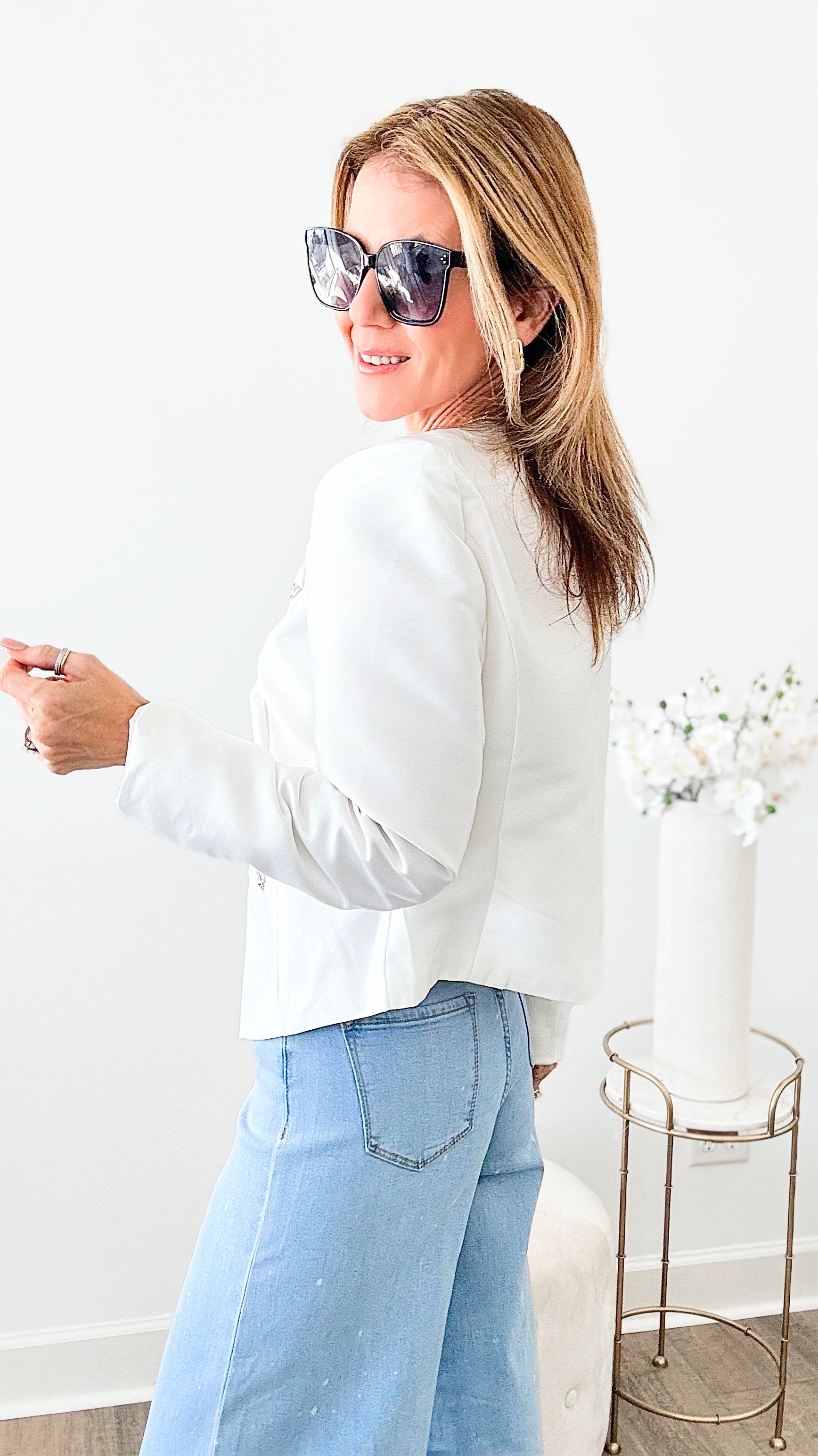 Effortlessly Iconic Rhinestone Trim Blazer Jacket-160 Jackets-INA-Coastal Bloom Boutique, find the trendiest versions of the popular styles and looks Located in Indialantic, FL