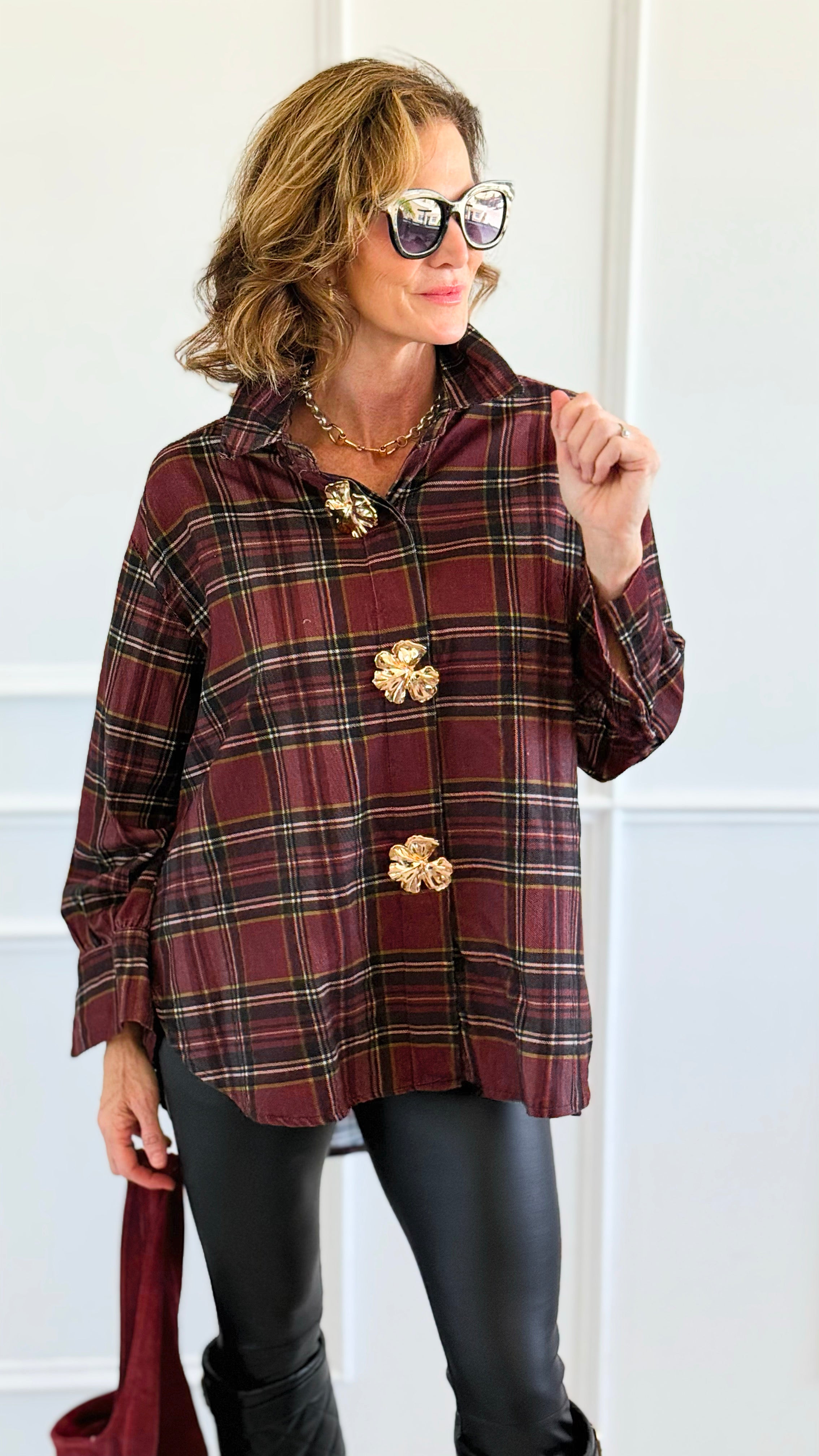 Plaid Petals Corduroy Italian Blouse-110 Long Sleeve Tops-TATTOO Z-Coastal Bloom Boutique, find the trendiest versions of the popular styles and looks Located in Indialantic, FL