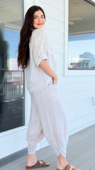 La Spezia Barrel Linen Italian Pant- Beige