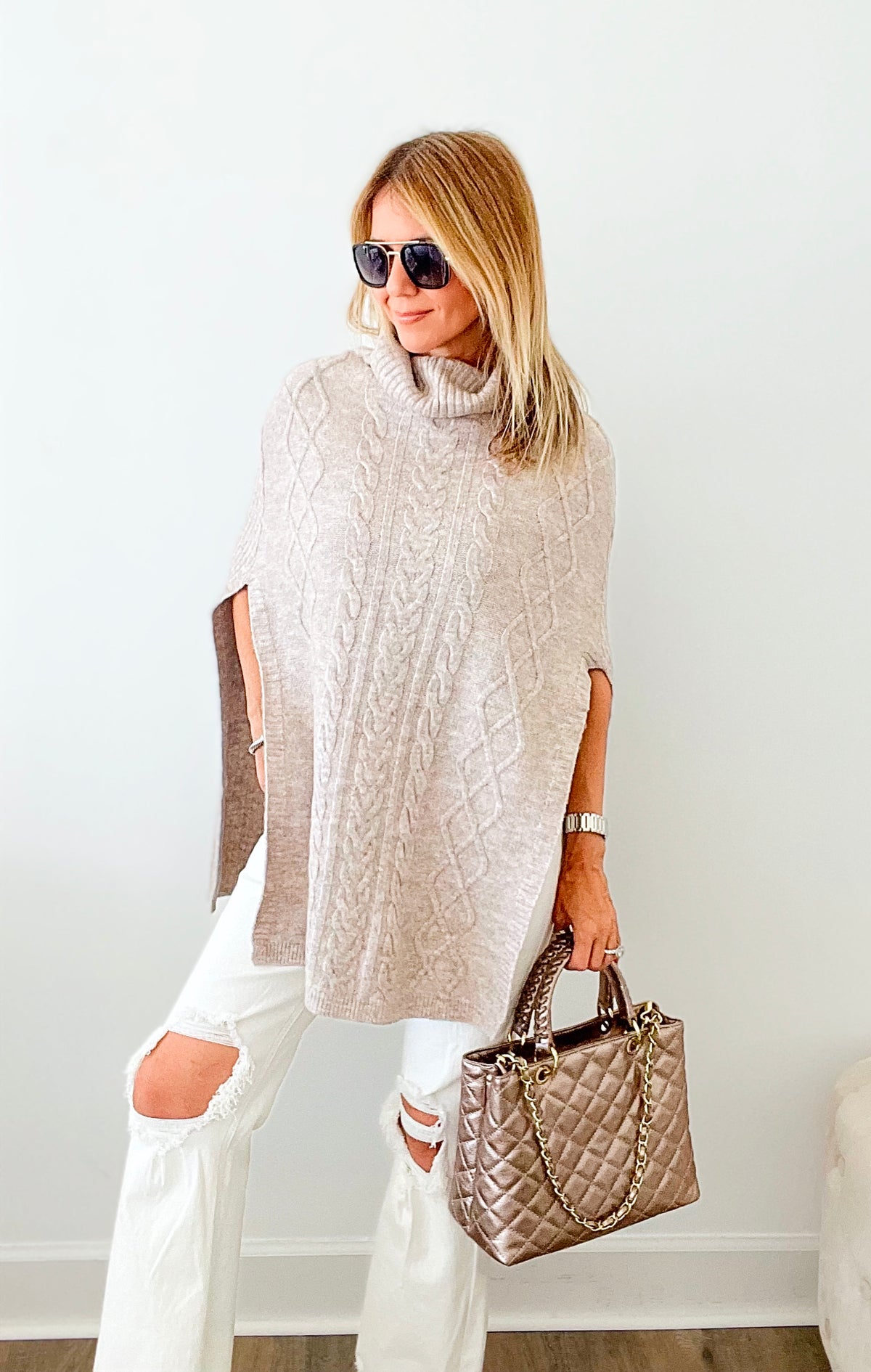 Cable Knit Turtleneck Poncho Sweater - Oatmeal-140 Sweaters-MAZIK-Coastal Bloom Boutique, find the trendiest versions of the popular styles and looks Located in Indialantic, FL