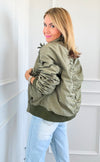 Bow Detailed Bomber Jacket - Olive-160 Jackets-Joh Apparel-Coastal Bloom Boutique, find the trendiest versions of the popular styles and looks Located in Indialantic, FL